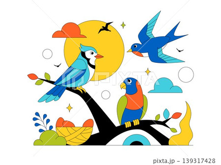 Colorful Tropical Bird Vector Illustration Featuring Exotic Wildlife Perched on Branches in a Natural Scene with Flat Design Style 139317428