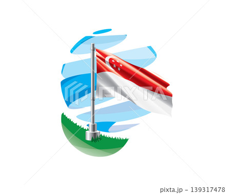 Singaporean flag on a green lawn against a background of blue abstract sky Singaporean flag on a green lawn against a background of blue abstract sky 139317478