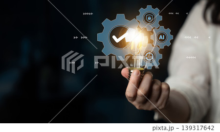 Light Bulb with Gears and Digital Icons Representing Innovation, Technology, Creativity, and Future Solutions for Business Growth and Development Gantry 139317642