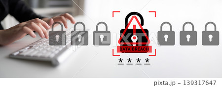 Cybersecurity Concept with Keyboard, Warning Icon, Locks, and Data Breach Alert in Modern Office Environment Ledger Cybersecurity Concept with Keyboard, Warning Icon, Locks, and Data Breach Alert in Modern Office Environment Ledger 139317647