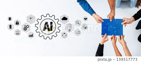 Collaborative Hands Assembling Puzzle Piece with AI Concept and Technology Icons Representing Data Analytics and Digital Innovation on White Background Quark Collaborative Hands Assembling Puzzle Piece with AI Concept and Technology Icons Representing Data Analytics and Digital Innovation on White Background Quark 139317773