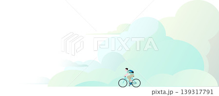 自転車で雲の上を走る男性のベクターイラスト。背景、コピースペース、エコ。 139317791