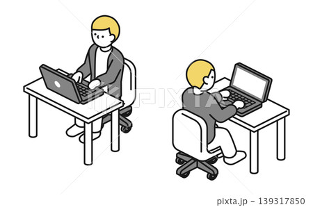 アイソメトリックイラスト：デスクでパソコン仕事をする男性(オフィスカジュアル) 139317850