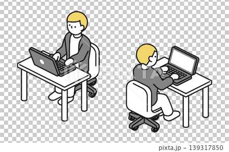 アイソメトリックイラスト：デスクでパソコン仕事をする男性(オフィスカジュアル) 139317850