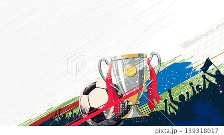 Soccer tournament promotion with ball, trophy and fans grunge texture punchy style on white background blank space. 139318017