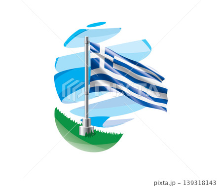 Greek flag on a green lawn against a background of blue abstract sky Greek flag on a green lawn against a background of blue abstract sky 139318143