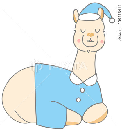 Cute Sleeping Alpaca in Blue Pajamas and Nightcap Sitting Position Cartoon Character Illustration Cute Sleeping Alpaca in Blue Pajamas and Nightcap Sitting Position Cartoon Character Illustration 139318414
