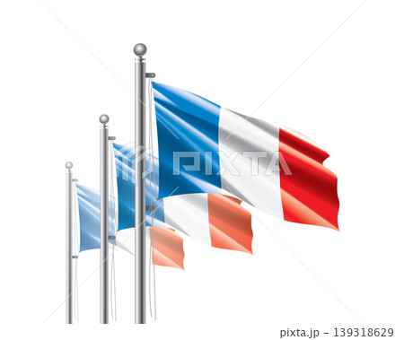 Brightly shining French flags wave proudly on tall masts during official celebration events 139318629