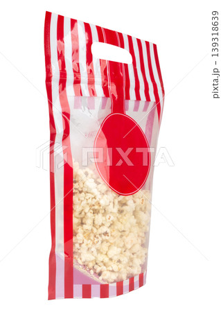 plastic bags popcorn cinema color red isolated on white background 139318639