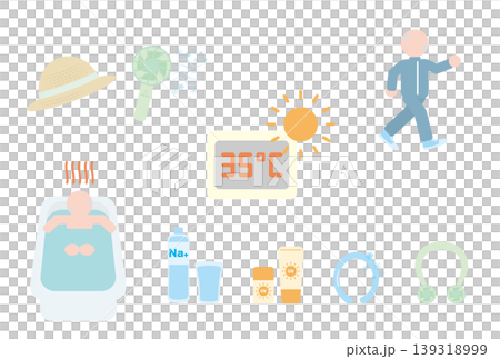 A set of simple illustrations about preventing heatstroke. A set of simple illustrations about preventing heatstroke. 139318999