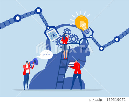ai AI, Artificial Intelligence,robot ,teamwork to get solution, Upskill, learn new things or knowledge development for new skill and improve job qualification vector 139319072