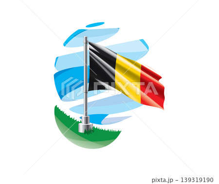 Belgian flag on a green lawn against a background of blue abstract sky Belgian flag on a green lawn against a background of blue abstract sky 139319190