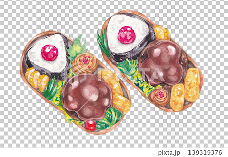 Hand-drawn watercolor illustration of a hamburger bento box Hand-drawn watercolor illustration of a hamburger bento box 139319376