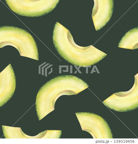 Avocado cut fruit wedges, half-moon slices pieces watercolor seamless pattern. Superfood pulp fabric on isolated dark background. Chopped vegetables kitchen wallpaper print hand drawn illustration. 139319456