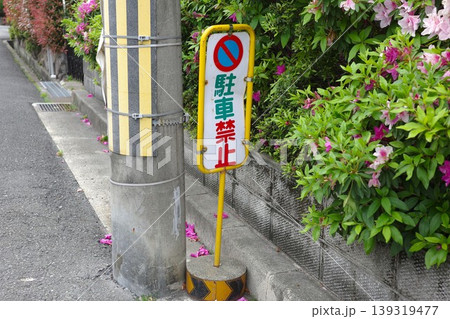 住宅街に置かれた駐車禁止の看板とツツジ 住宅街に置かれた駐車禁止の看板とツツジ 139319477