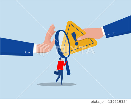 Hand human with Businessman with magnifying glass. Root cause analysis or solving problem. discover threat or uncertainFlat vector illustration 139319524