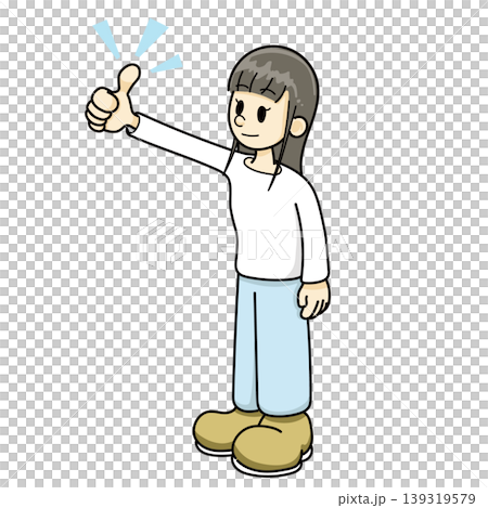 いいねのポーズをする女性(手描き、ズボンブルー系) いいねのポーズをする女性(手描き、ズボンブルー系) 139319579