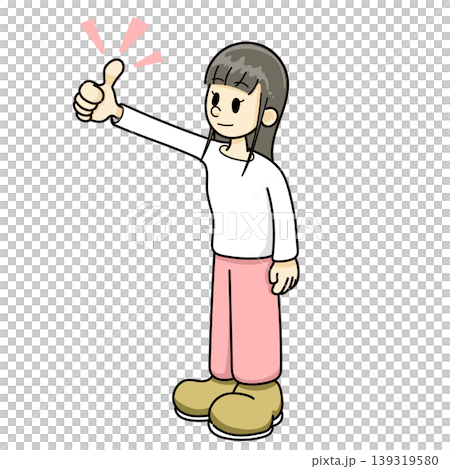 いいねのポーズをする女性（手描き、ズボンレッド系） 139319580