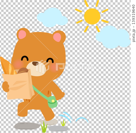 パンが入った紙袋を抱えてスキップするクマのキャラクター パンが入った紙袋を抱えてスキップするクマのキャラクター 139319640