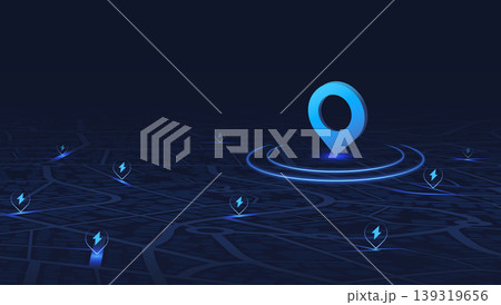 Flexible charging solutions, public charging stations available nearby. Select the most convenient route to drive. City map with charging stations icon available. Vector illustration 139319656