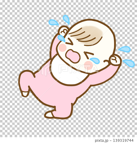 A baby girl crying with her hands raised 139319744