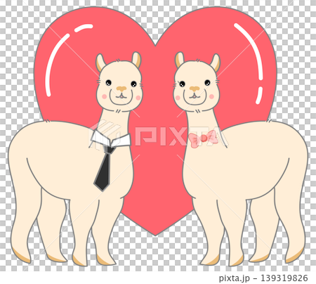 Cute Alpaca Couple in Love with Large Red Heart Background Cute Alpaca Couple in Love with Large Red Heart Background 139319826