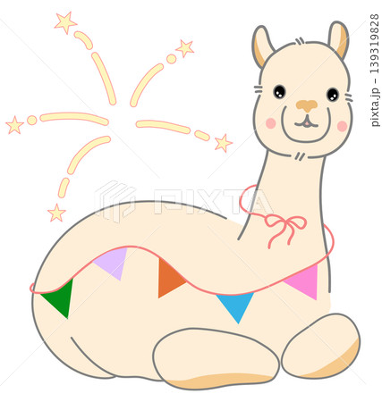Cute Party Alpaca Sitting with Colorful Bunting Flags and Golden Fireworks Celebration Illustration 139319828