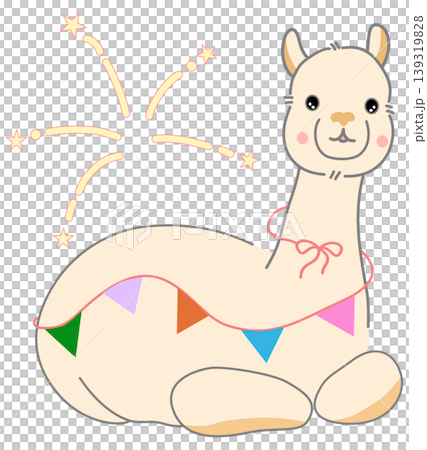 Cute Party Alpaca Sitting with Colorful Bunting Flags and Golden Fireworks Celebration Illustration 139319828