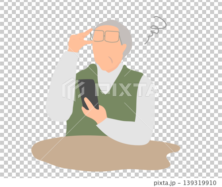An illustration of an elderly man struggling to use a smartphone. 139319910