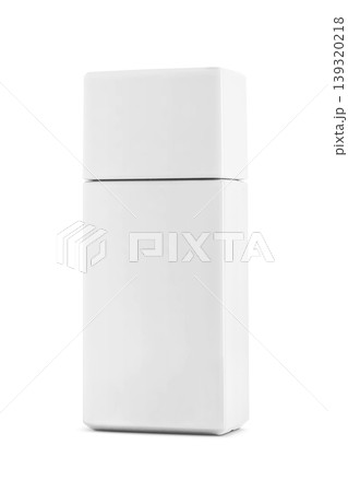 White plastic square bottle with closed cap isolated on white background for cosmetic skincare packaging mockup design 139320218