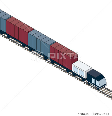 線路の上を走るアイソメトリック図法の貨物列車のイラスト。物流系の素材。右向き。 線路の上を走るアイソメトリック図法の貨物列車のイラスト。物流系の素材。右向き。 139320373