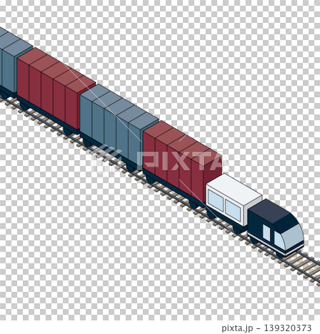 線路の上を走るアイソメトリック図法の貨物列車のイラスト。物流系の素材。右向き。 線路の上を走るアイソメトリック図法の貨物列車のイラスト。物流系の素材。右向き。 139320373
