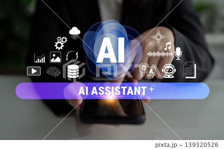 Digital AI Assistant Concept with Smart Technology and Communication Icons Representing Modern Business Solutions and Innovations in Everyday Life Fluxor Digital AI Assistant Concept with Smart Technology and Communication Icons Representing Modern Business Solutions and Innovations in Everyday Life Fluxor 139320526