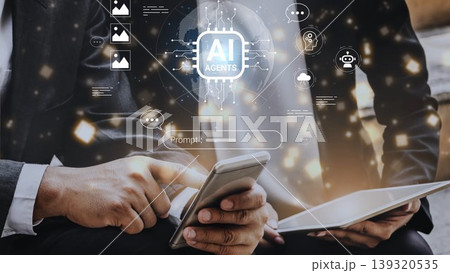 Modern Business Collaboration with AI Agents and Digital Technology Represented on Smartphone and Tablet Screens Gluon 139320535