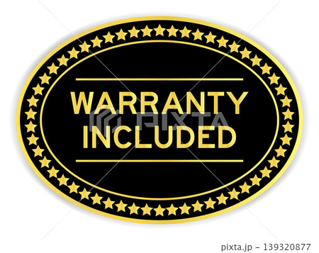 Black and gold color oval label sticker with word warranty included on white background 139320877