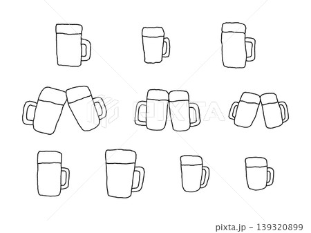 ジョッキにたっぷり注がれたビールの手描きイラストセット ジョッキにたっぷり注がれたビールの手描きイラストセット 139320899
