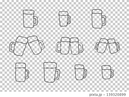 ジョッキにたっぷり注がれたビールの手描きイラストセット ジョッキにたっぷり注がれたビールの手描きイラストセット 139320899