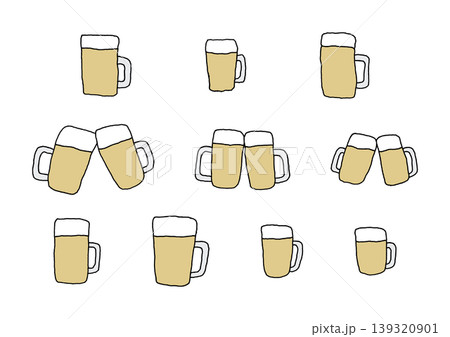 ジョッキにたっぷり注がれたビールの手描きイラストセット(カラー) ジョッキにたっぷり注がれたビールの手描きイラストセット(カラー) 139320901