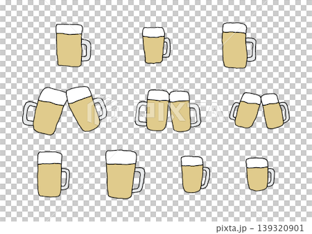 ジョッキにたっぷり注がれたビールの手描きイラストセット(カラー) ジョッキにたっぷり注がれたビールの手描きイラストセット(カラー) 139320901