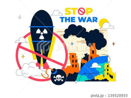 Stop The War Peace Campaign Vector Illustration Featuring Anti Nuclear Symbols and Cityscape Design 139320933