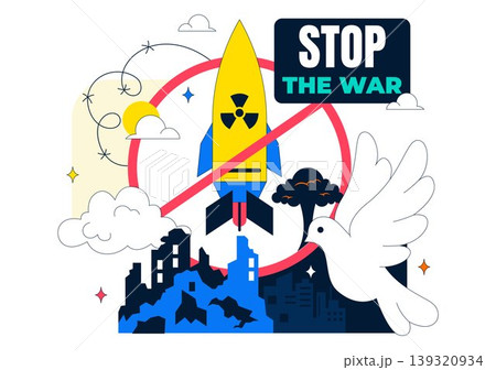 Stop The War Peace Campaign Vector Illustration Featuring Anti Nuclear Symbols and Cityscape Design 139320934