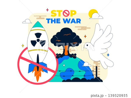 Stop The War Peace Campaign Vector Illustration Featuring Anti Nuclear Symbols and Cityscape Design 139320935