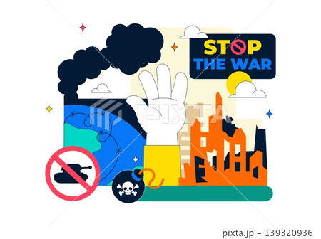 Stop The War Peace Campaign Vector Illustration Featuring Anti Nuclear Symbols and Cityscape Design 139320936