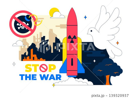 Stop The War Peace Campaign Vector Illustration Featuring Anti Nuclear Symbols and Cityscape Design 139320937