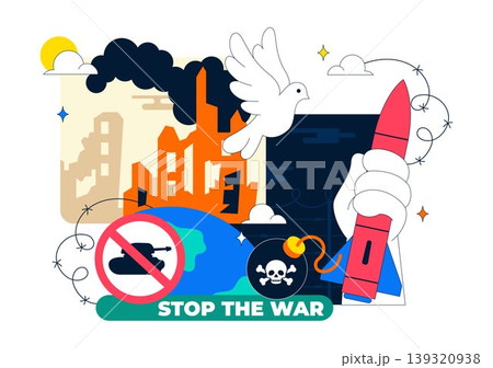 Stop The War Peace Campaign Vector Illustration Featuring Anti Nuclear Symbols and Cityscape Design Stop The War Peace Campaign Vector Illustration Featuring Anti Nuclear Symbols and Cityscape Design 139320938
