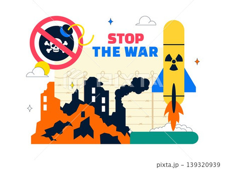 Stop The War Peace Campaign Vector Illustration Featuring Anti Nuclear Symbols and Cityscape Design 139320939