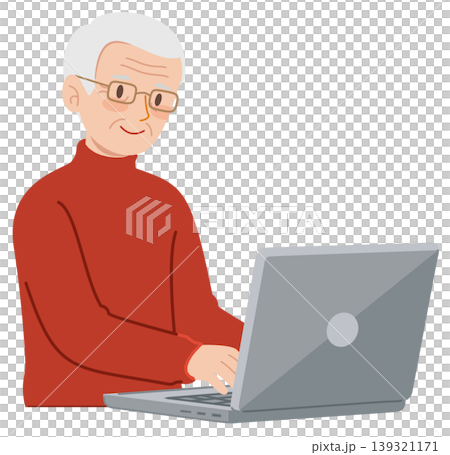 Senior citizen operating a laptop computer; facial expression flat. Senior citizen operating a laptop computer; facial expression flat. 139321171