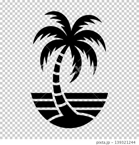 Black and White Palm Tree Silhouette Icon on Tropical Beach Island Black and White Palm Tree Silhouette Icon on Tropical Beach Island 139321244