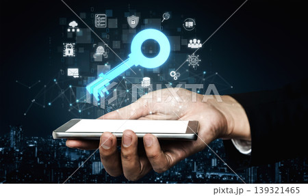 A hand holds a smartphone displaying digital key icons, highlighting themes of cybersecurity and data protection in a modern urban setting, emphasizing innovative technology solutions. Sigmoid 139321465