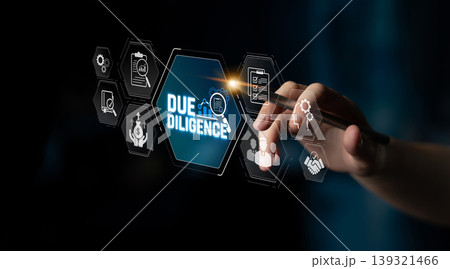 Concept of Due Diligence in Business with Hand Touching Digital Interface and Icons Representing Responsibilities and Evaluations Sigmoid. Concept of Due Diligence in Business with Hand Touching Digital Interface and Icons Representing Responsibilities and Evaluations Sigmoid. 139321466